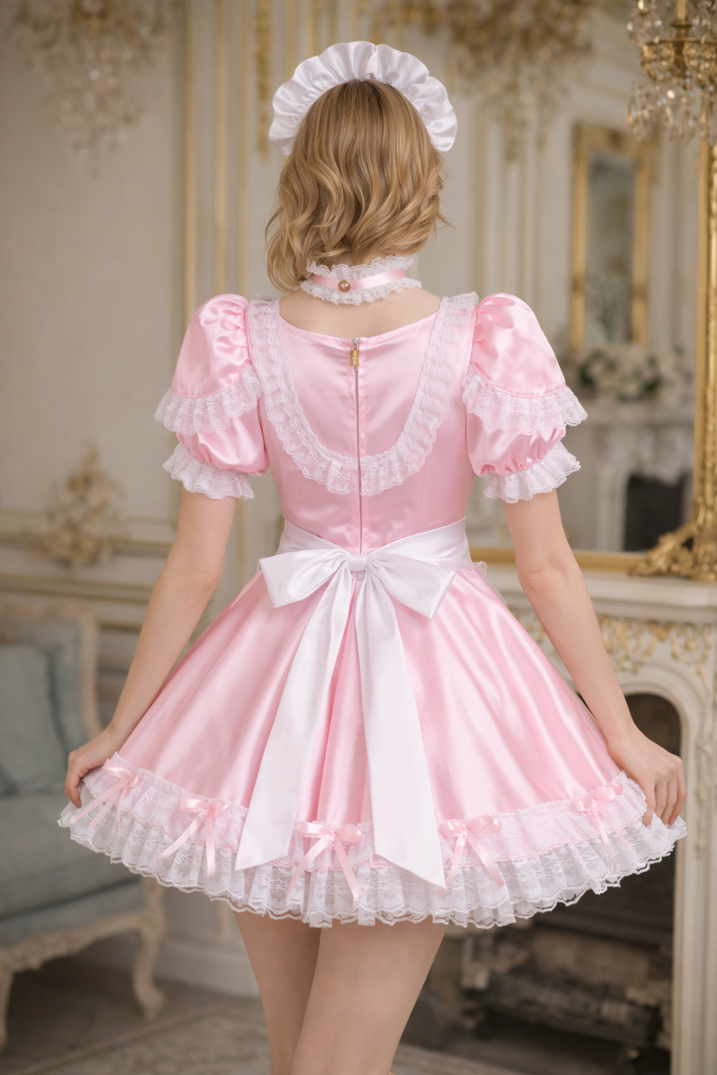 Baby Pink Satin Sissy Maid Dress with Apron & Headpiece Lockable – Custom Made G3739