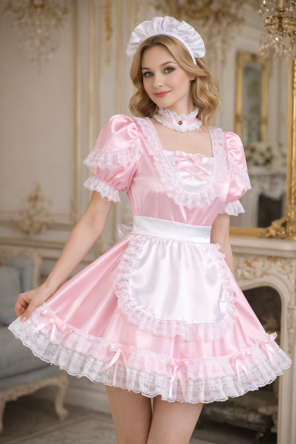 Robe de soubrette satinée rose pâle avec tablier et coiffe verrouillable – Sur mesure G3739