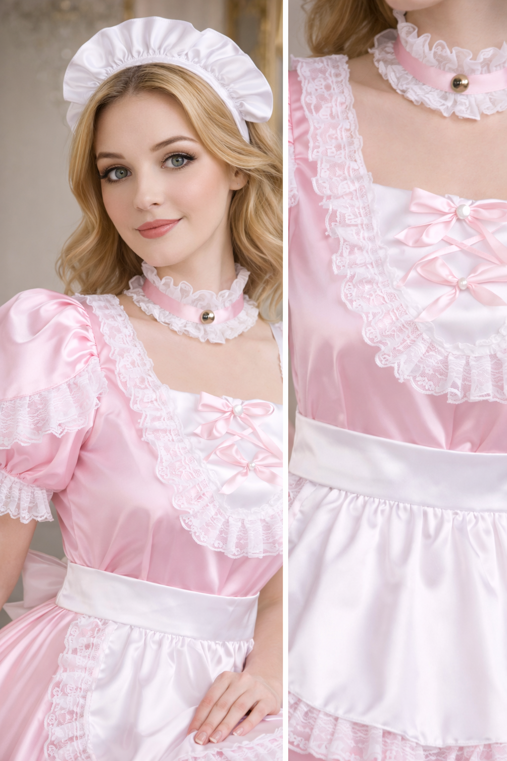 Robe de soubrette satinée rose pâle avec tablier et coiffe verrouillable – Sur mesure G3739