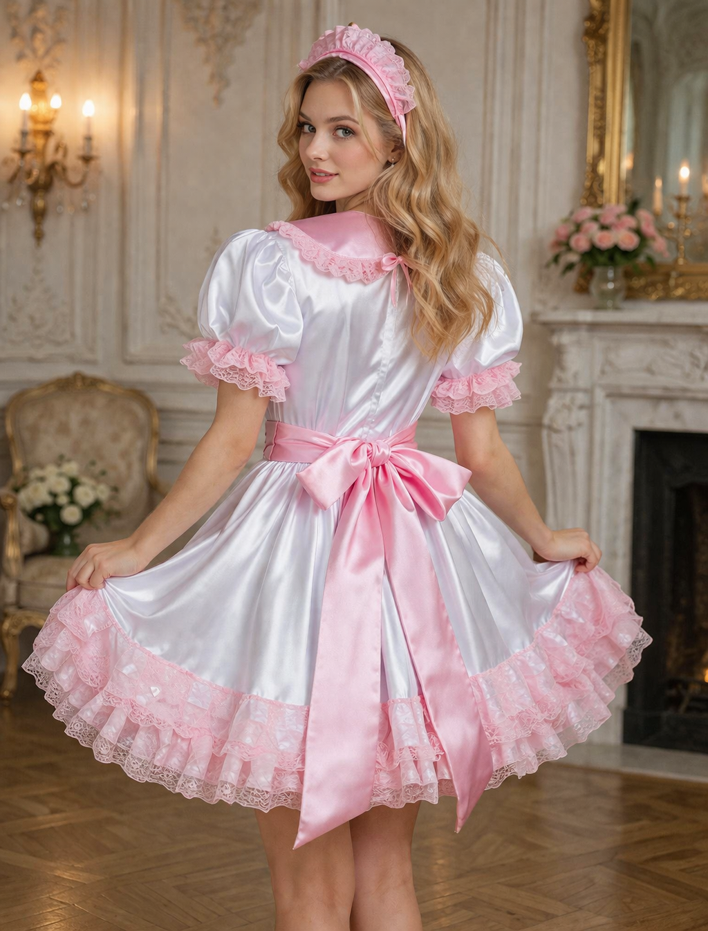 White Satin Sissy Maid Dress with Headpiece Lockable – Custom Made G3745