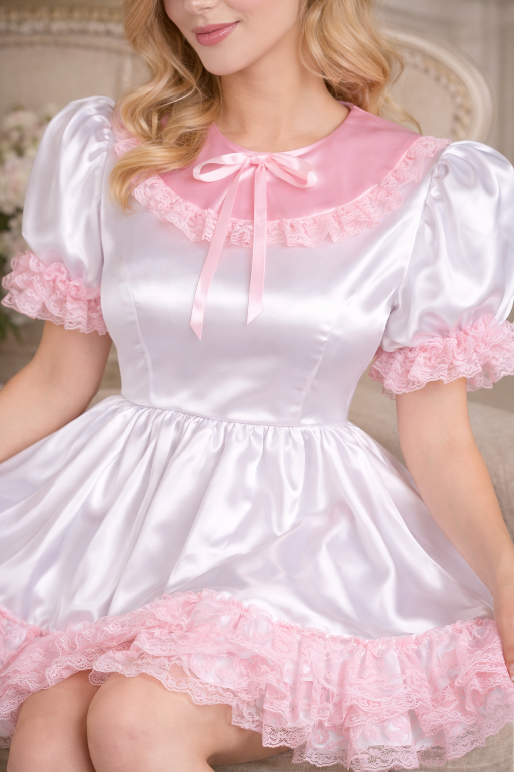 White Satin Sissy Maid Dress with Headpiece Lockable – Custom Made G3745
