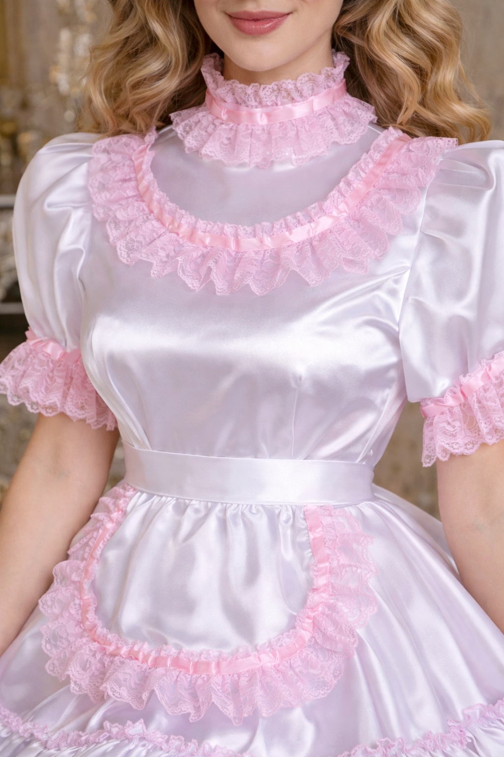 White Satin Sissy Maid Dress with Apron & Headpiece Lockable – Custom Made G3746