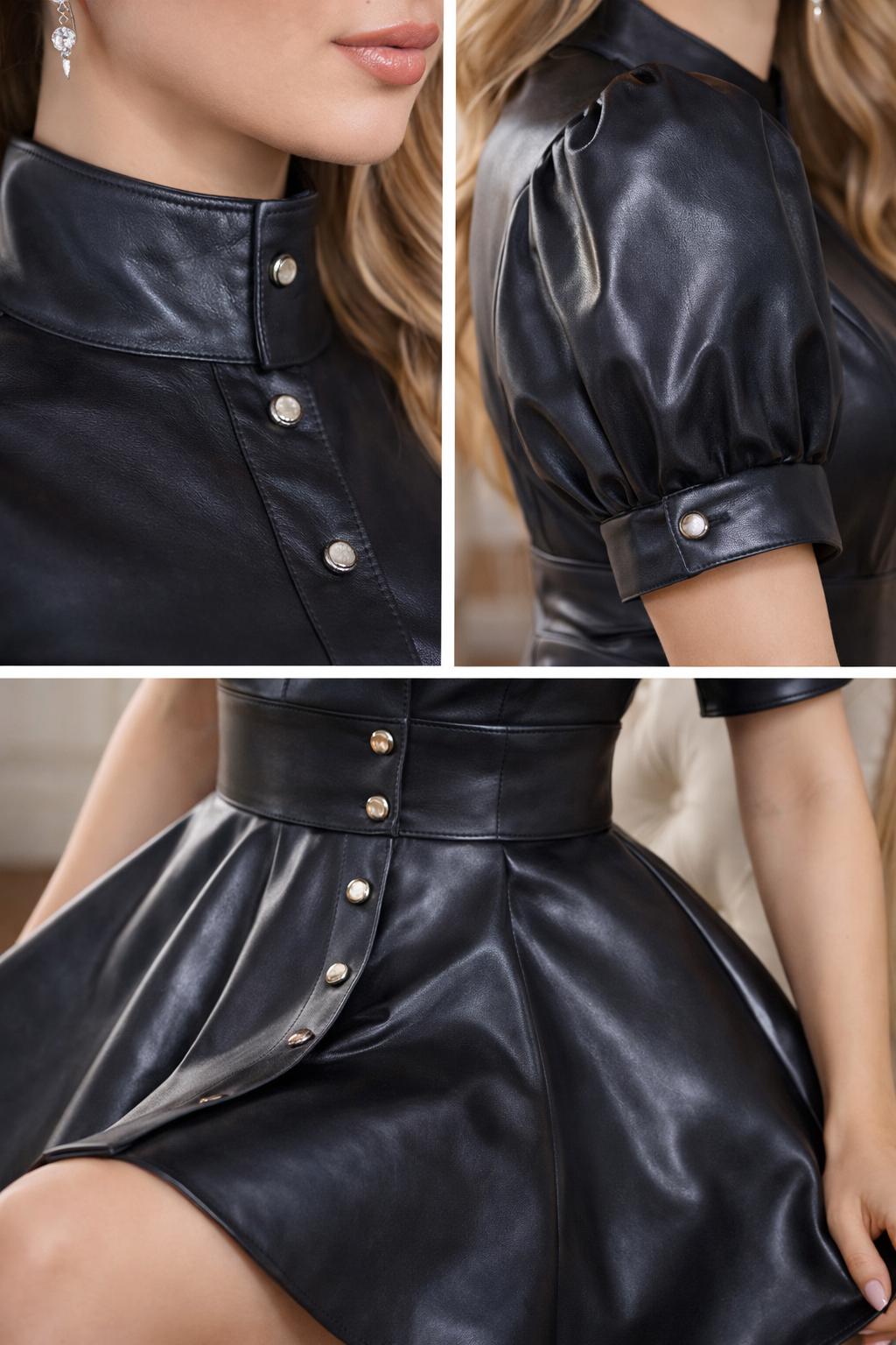 Black Leather Sissy Maid Dress with Waist Belt – Custom Made G3747