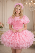 Robe de soubrette sissy en satin rose et organza avec coiffe verrouillable – Faite sur mesure G3748
