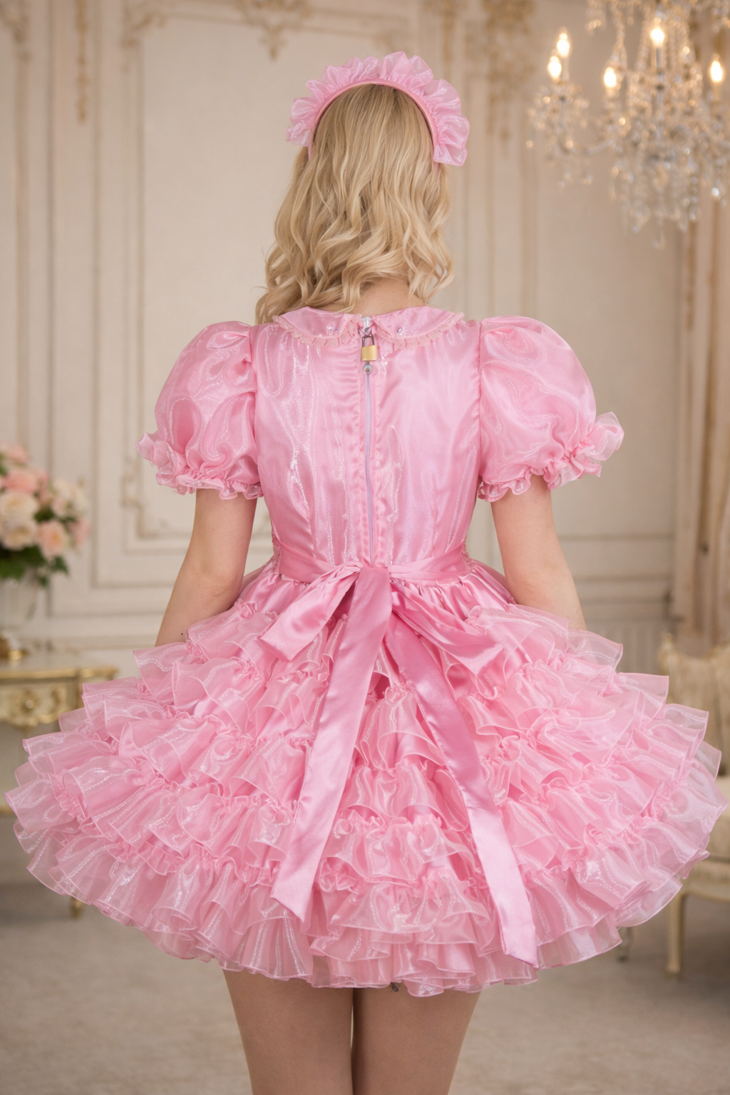 Robe de soubrette sissy en satin rose et organza avec coiffe verrouillable – Faite sur mesure G3748