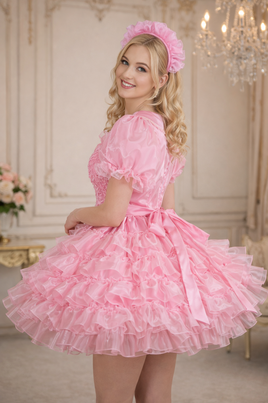 Robe de soubrette sissy en satin rose et organza avec coiffe verrouillable – Faite sur mesure G3748