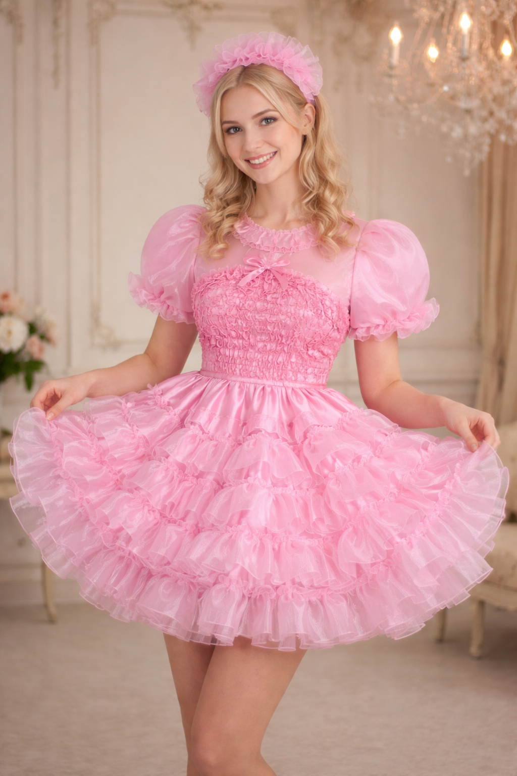 Robe de soubrette sissy en satin rose et organza avec coiffe verrouillable – Faite sur mesure G3748