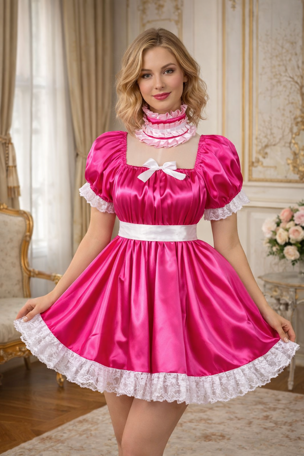 Hot Pink Satin Sissy Maid Romper Dress with Choker Lockable – Custom Made G3749