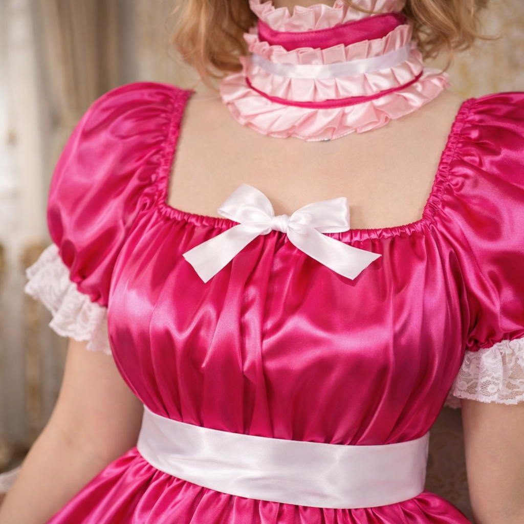 Hot Pink Satin Sissy Maid Romper Dress with Choker Lockable – Custom Made G3749