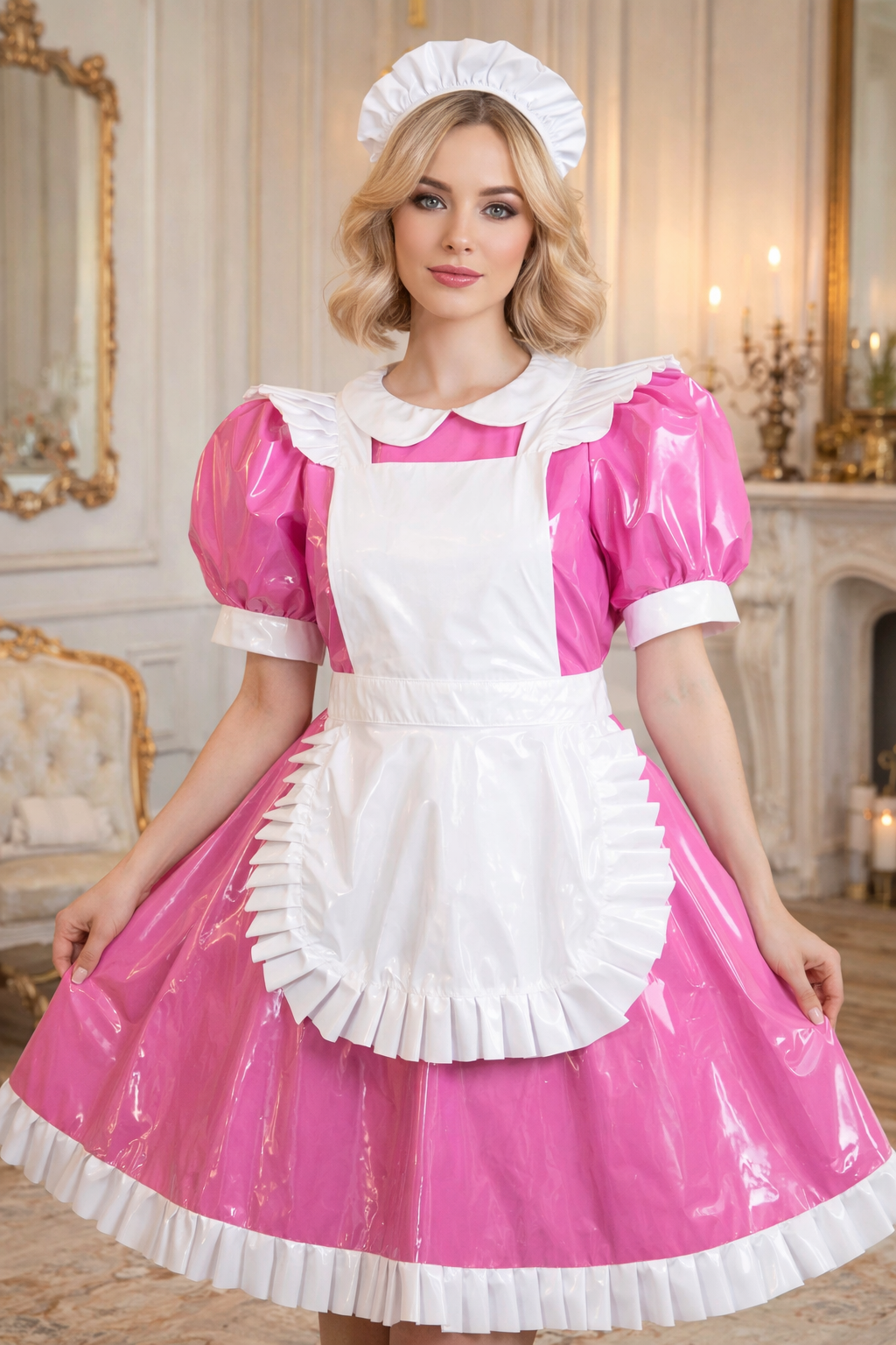 Hot Pink Thin PVC Sissy Maid Dress with Apron & Headpiece Lockable – Custom Made G3752
