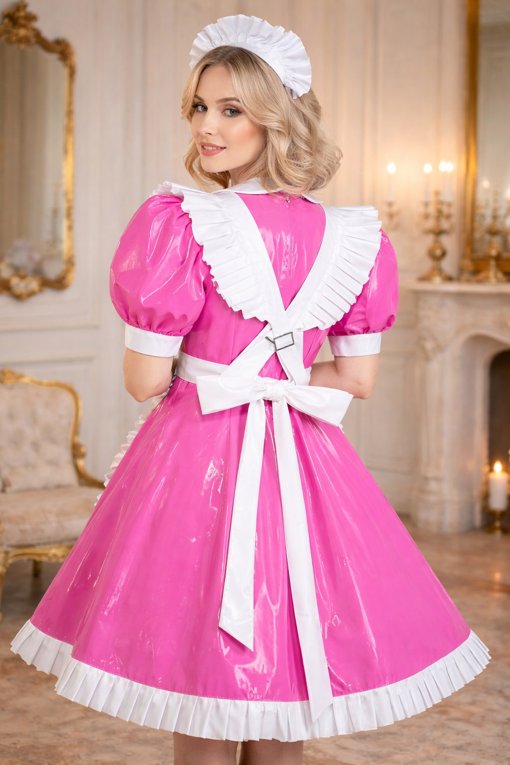 Hot Pink Thin PVC Sissy Maid Dress with Apron & Headpiece Lockable – Custom Made G3752