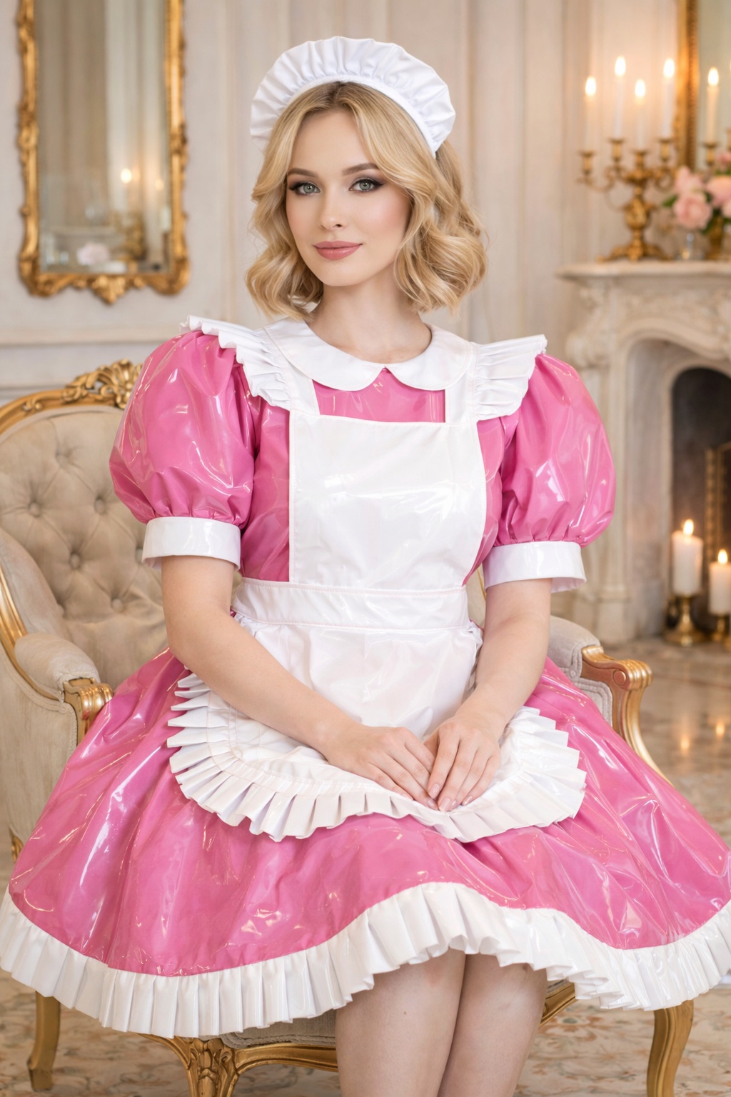 Hot Pink Thin PVC Sissy Maid Dress with Apron & Headpiece Lockable – Custom Made G3752