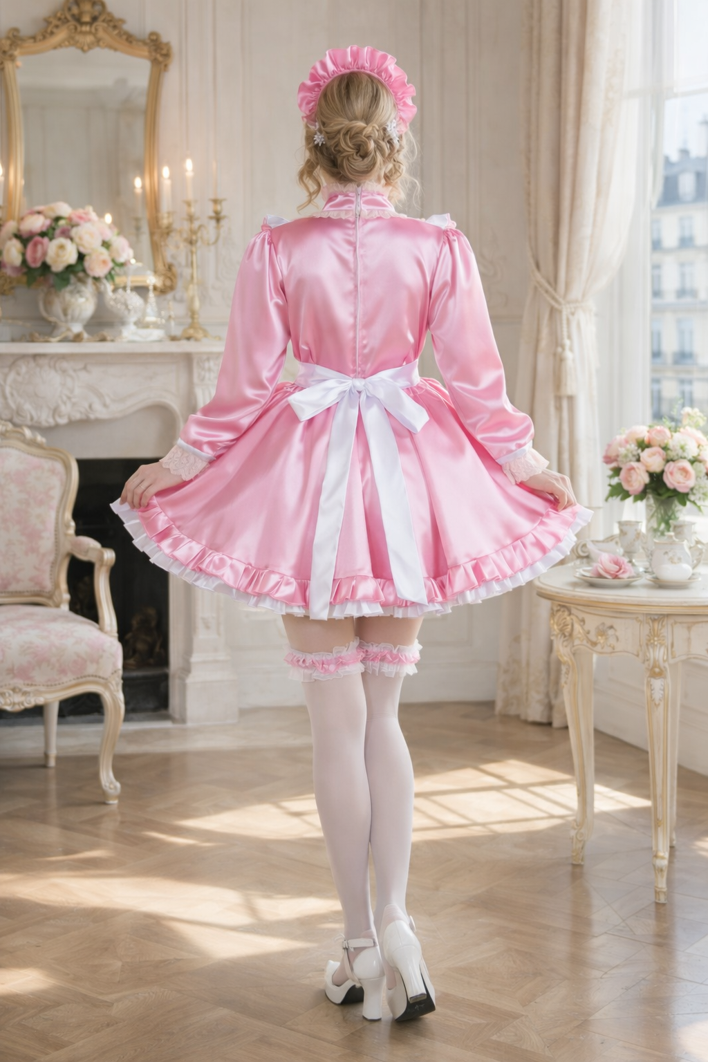 Pink Satin Sissy Maid Dress with Apron & Headpiece Lockable – Custom Made G3753
