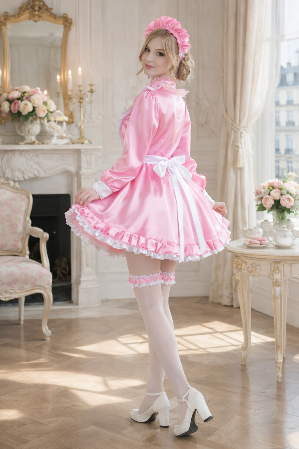 Pink Satin Sissy Maid Dress with Apron & Headpiece Lockable – Custom Made G3753