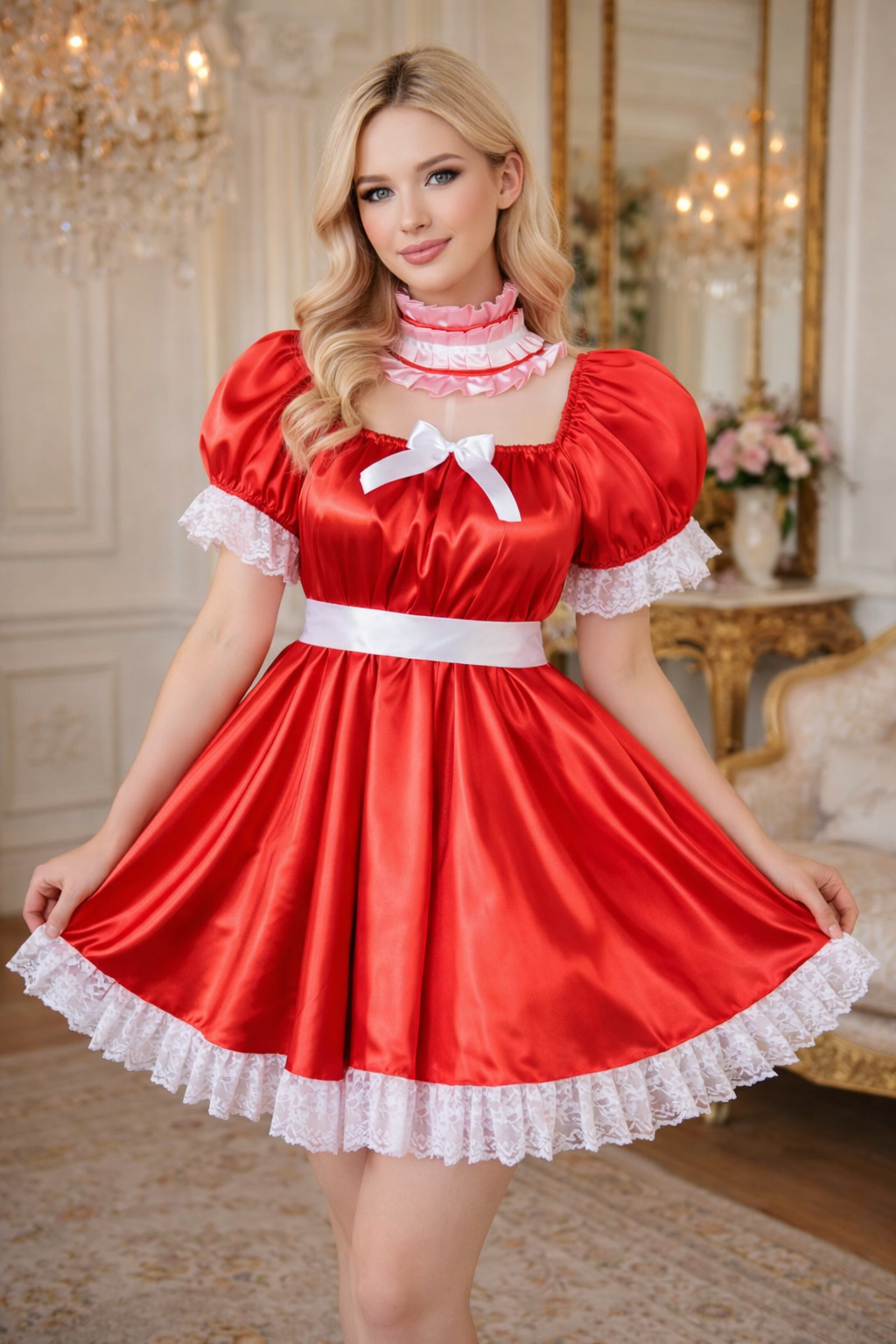 Red Satin Sissy Maid Romper Dress with Lockable Design & Choker – Custom Made G3754