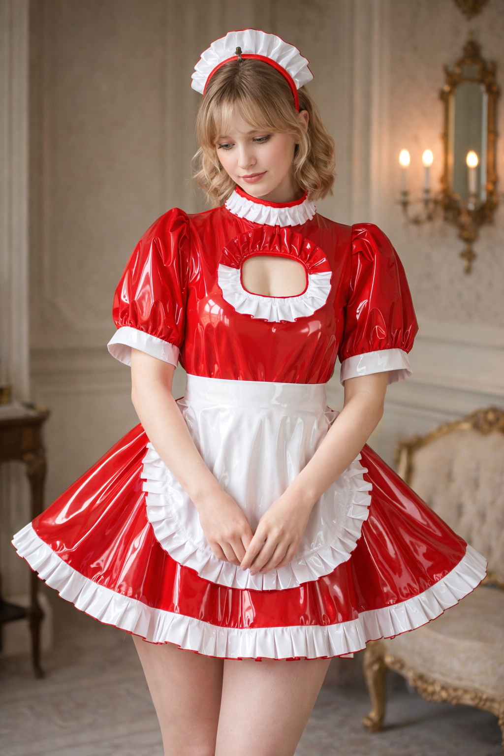 Red Thin PVC Sissy Maid Dress with Apron and Headband Lockable Custom Made G3756