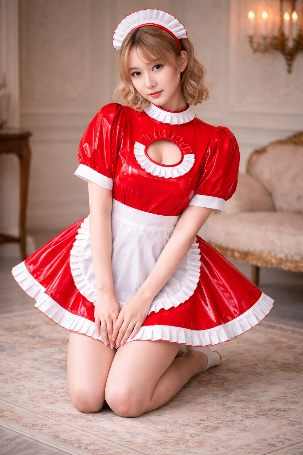 Red Thin PVC Sissy Maid Dress with Apron and Headband Lockable Custom Made G3756