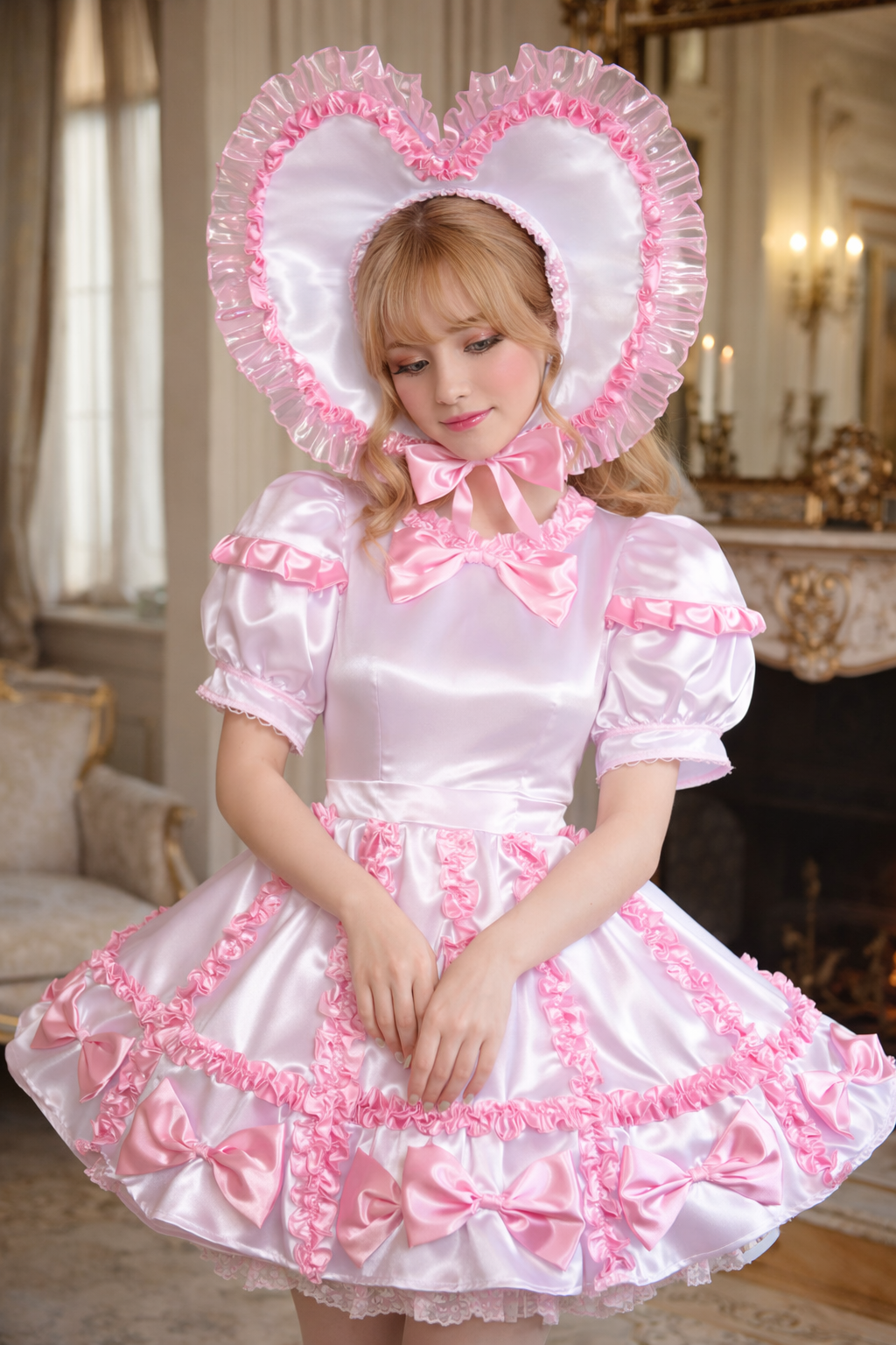 White Satin Sissy Maid Heart Hood Romper Dress Lockable Custom Made G3759