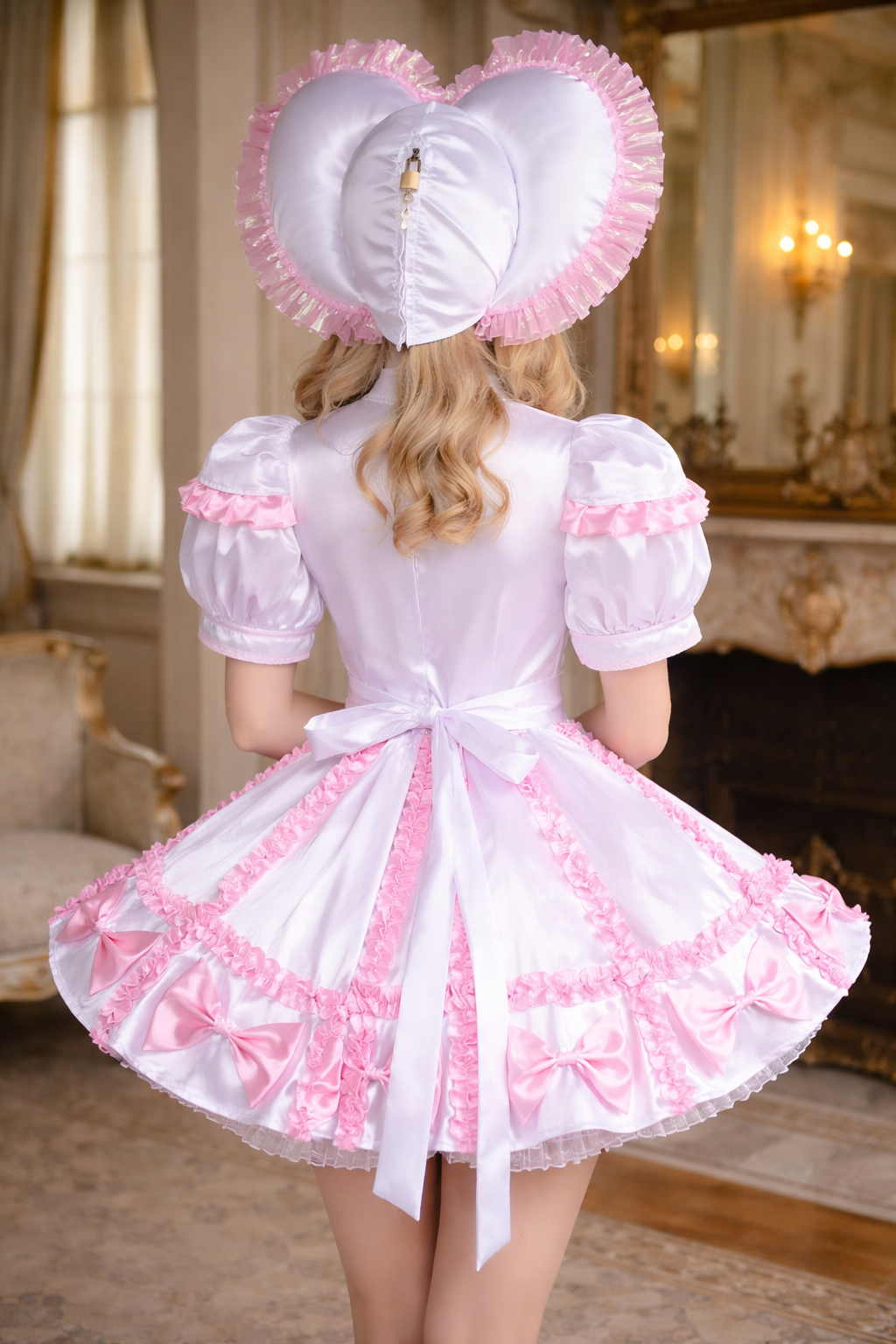 Robe Grenouillère Cœur de Soubrette en Satin Blanc Verrouillable, Sur Mesure G3759