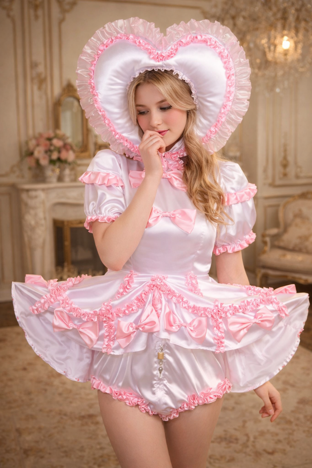 Robe Grenouillère Cœur de Soubrette en Satin Blanc Verrouillable, Sur Mesure G3759