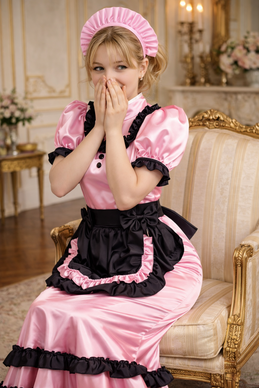 Robe de soubrette sirène en satin rose avec tablier et bandeau verrouillable, sur mesure G3761