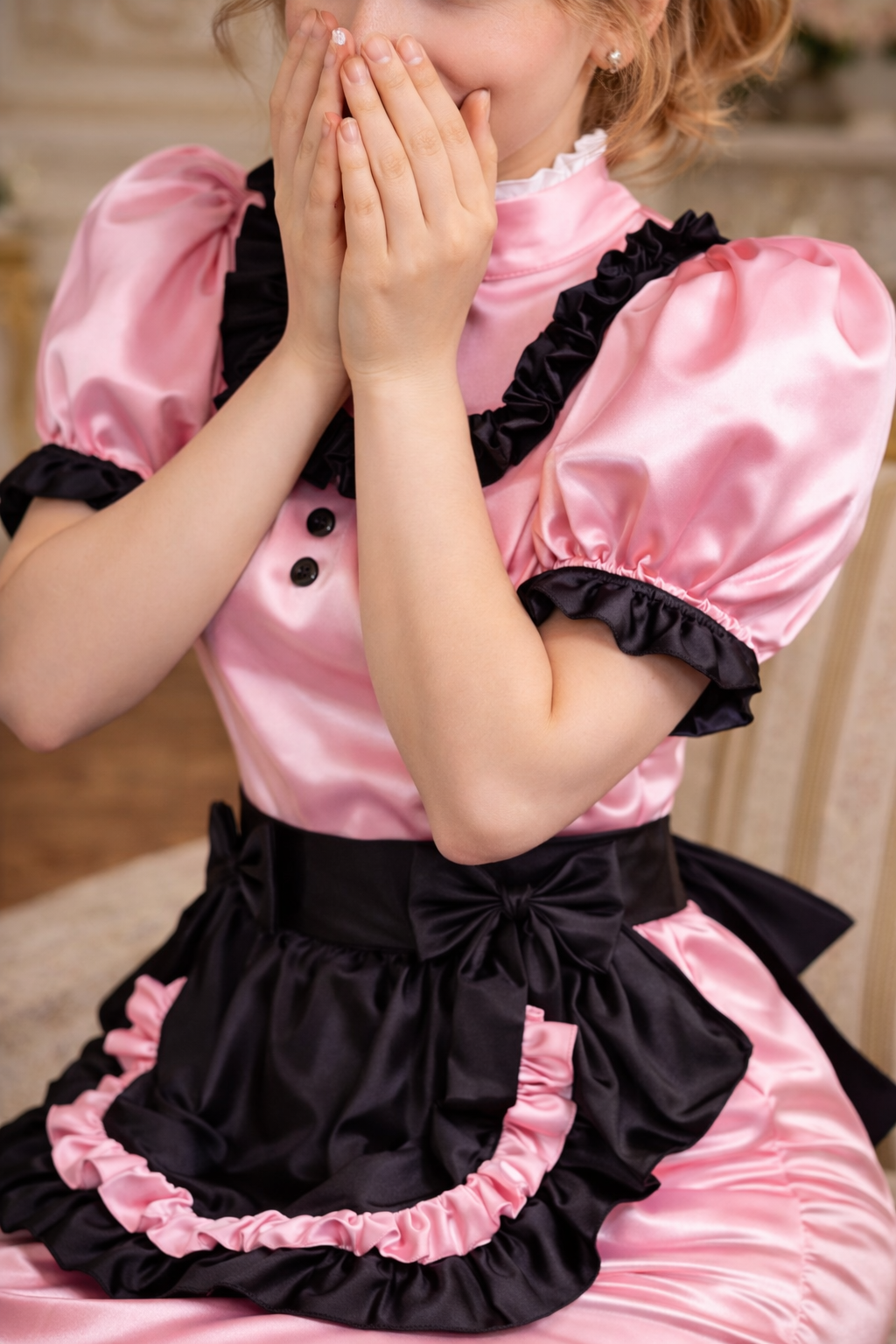 Robe de soubrette sirène en satin rose avec tablier et bandeau verrouillable, sur mesure G3761