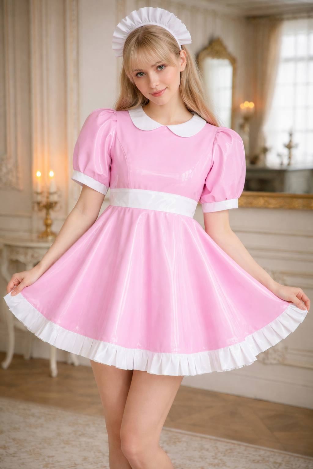 Baby Pink Thin PVC Sissy Maid Dress with Headband Lockable Custom Made G3763