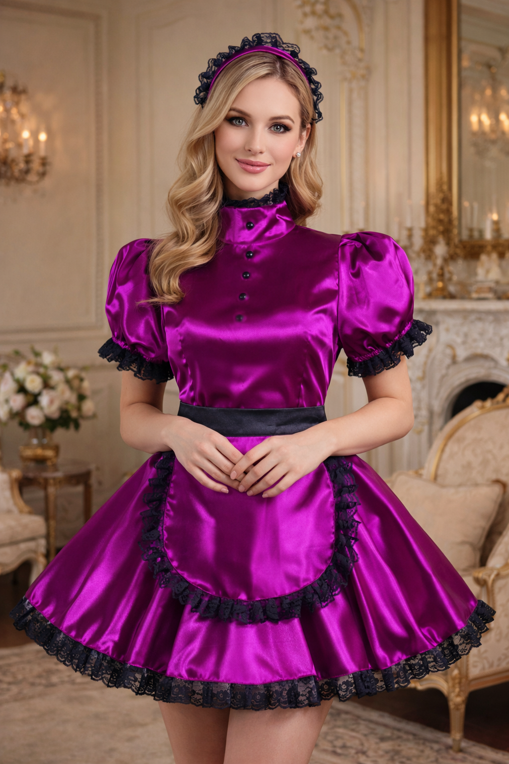 Purple Satin Sissy Maid Dress Set with Apron & Headband Lockable Custom Made G3764