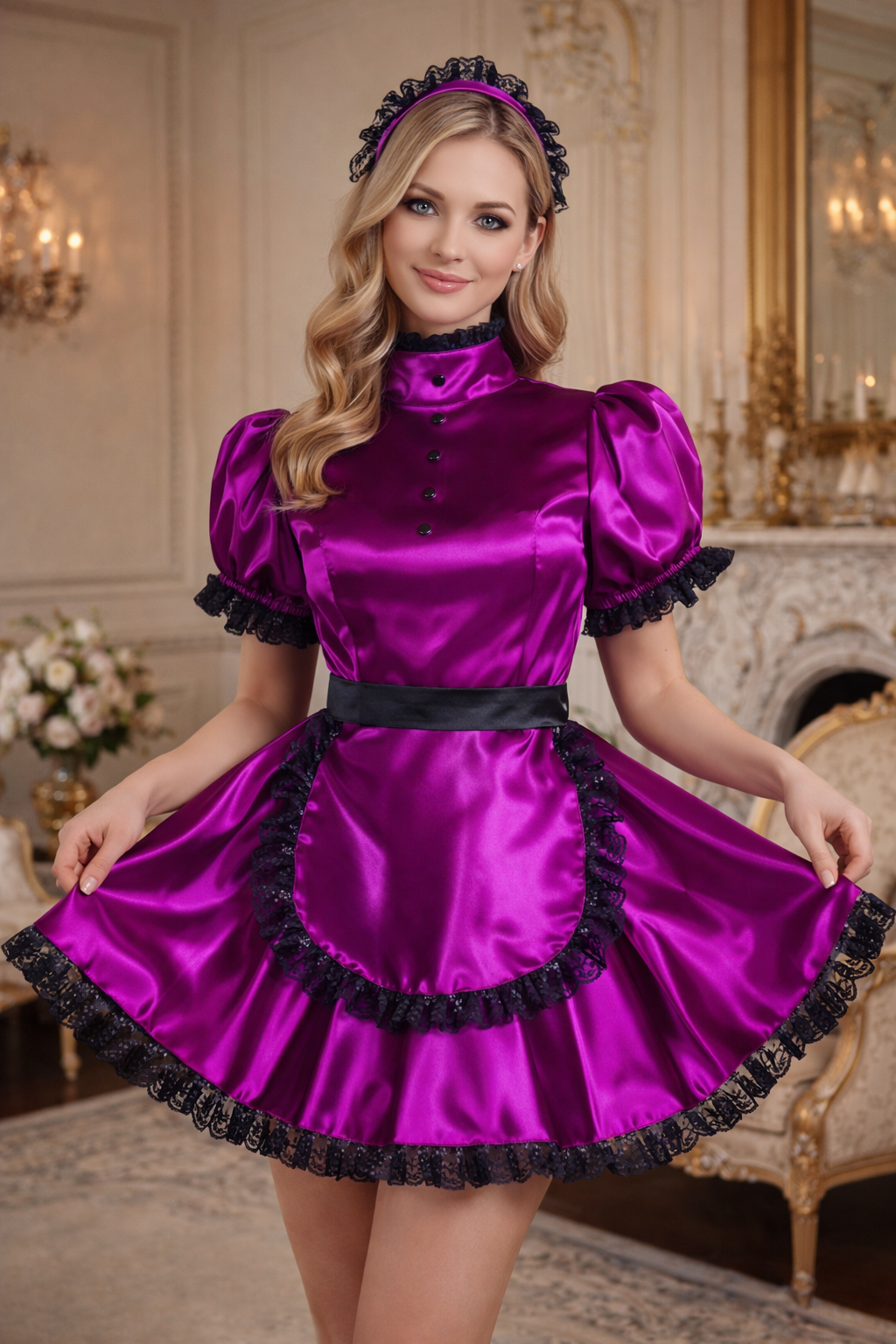 Purple Satin Sissy Maid Dress Set with Apron & Headband Lockable Custom Made G3764