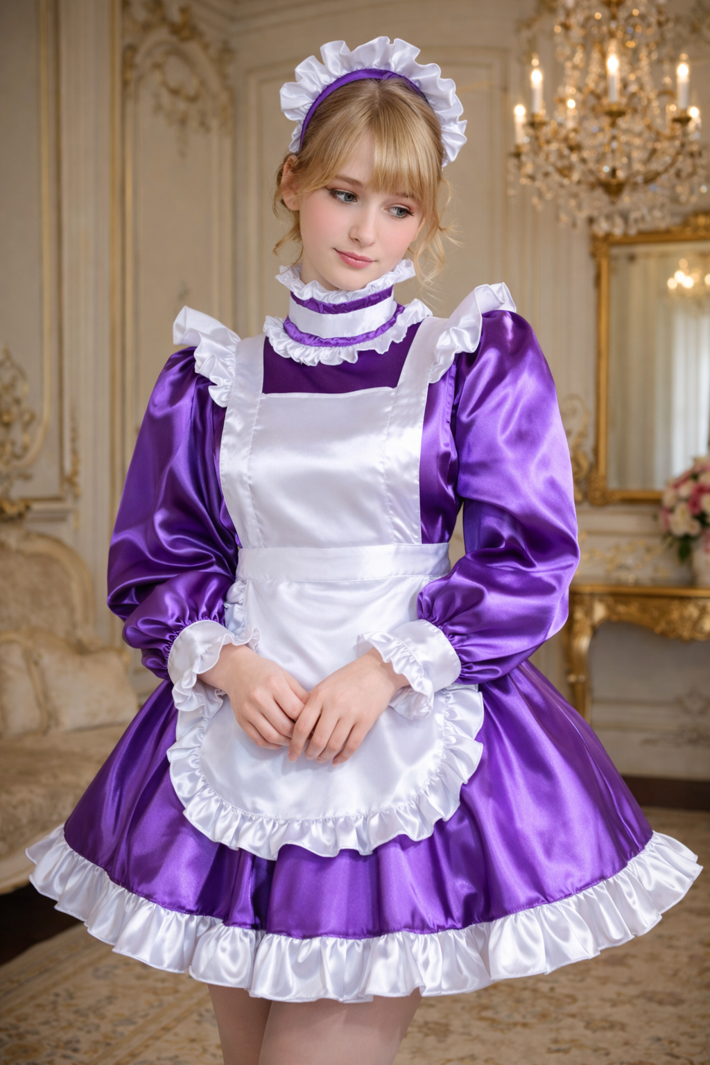Purple Satin Sissy Maid Dress Set with Apron & Headband Lockable Custom Made G3765