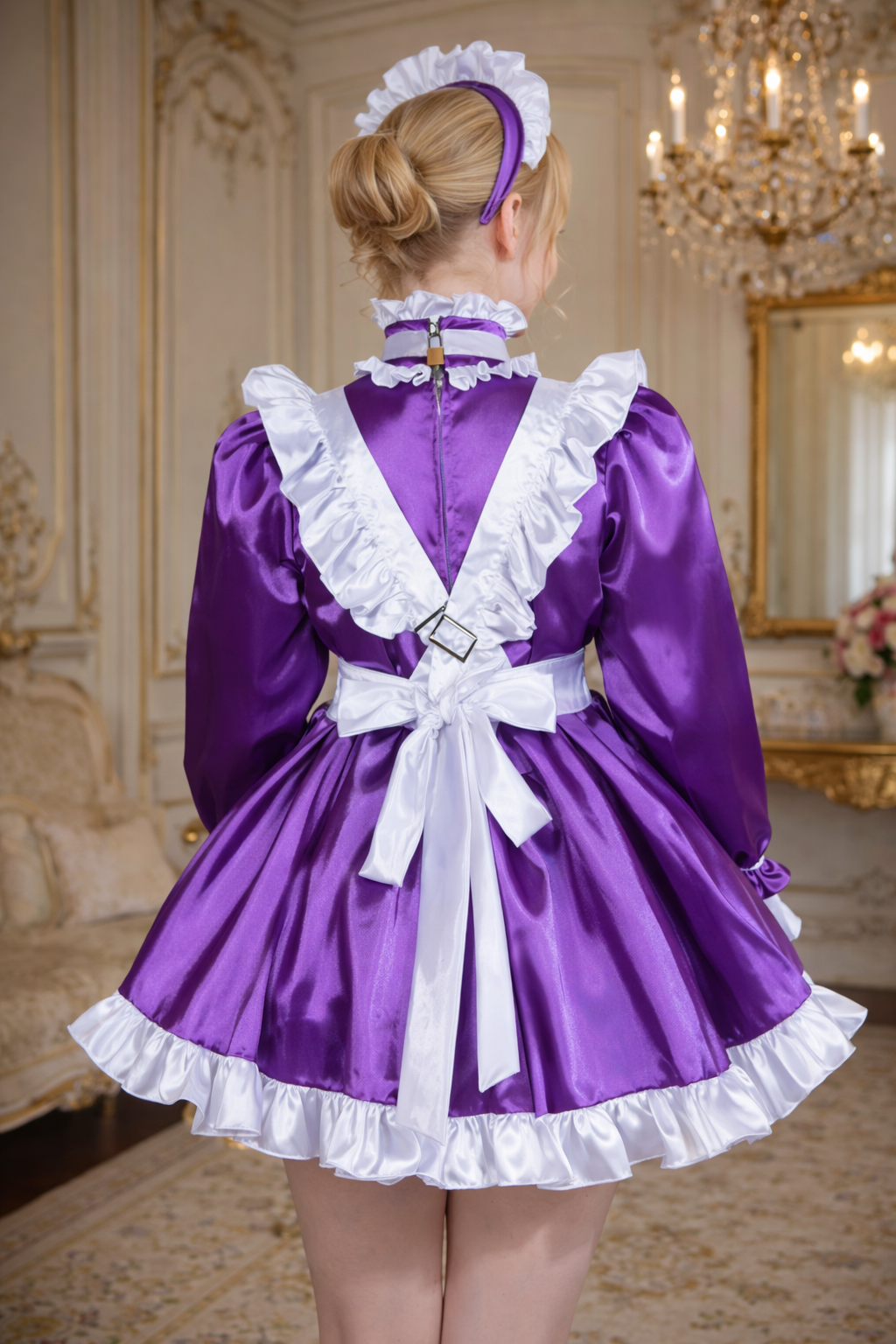 Purple Satin Sissy Maid Dress Set with Apron & Headband Lockable Custom Made G3765