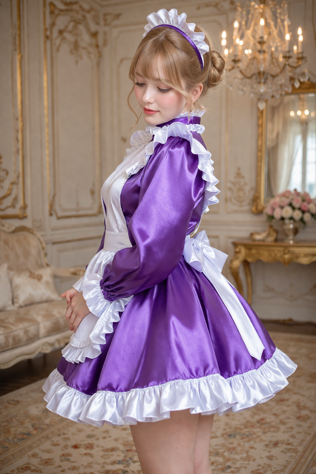 Purple Satin Sissy Maid Dress Set with Apron & Headband Lockable Custom Made G3765