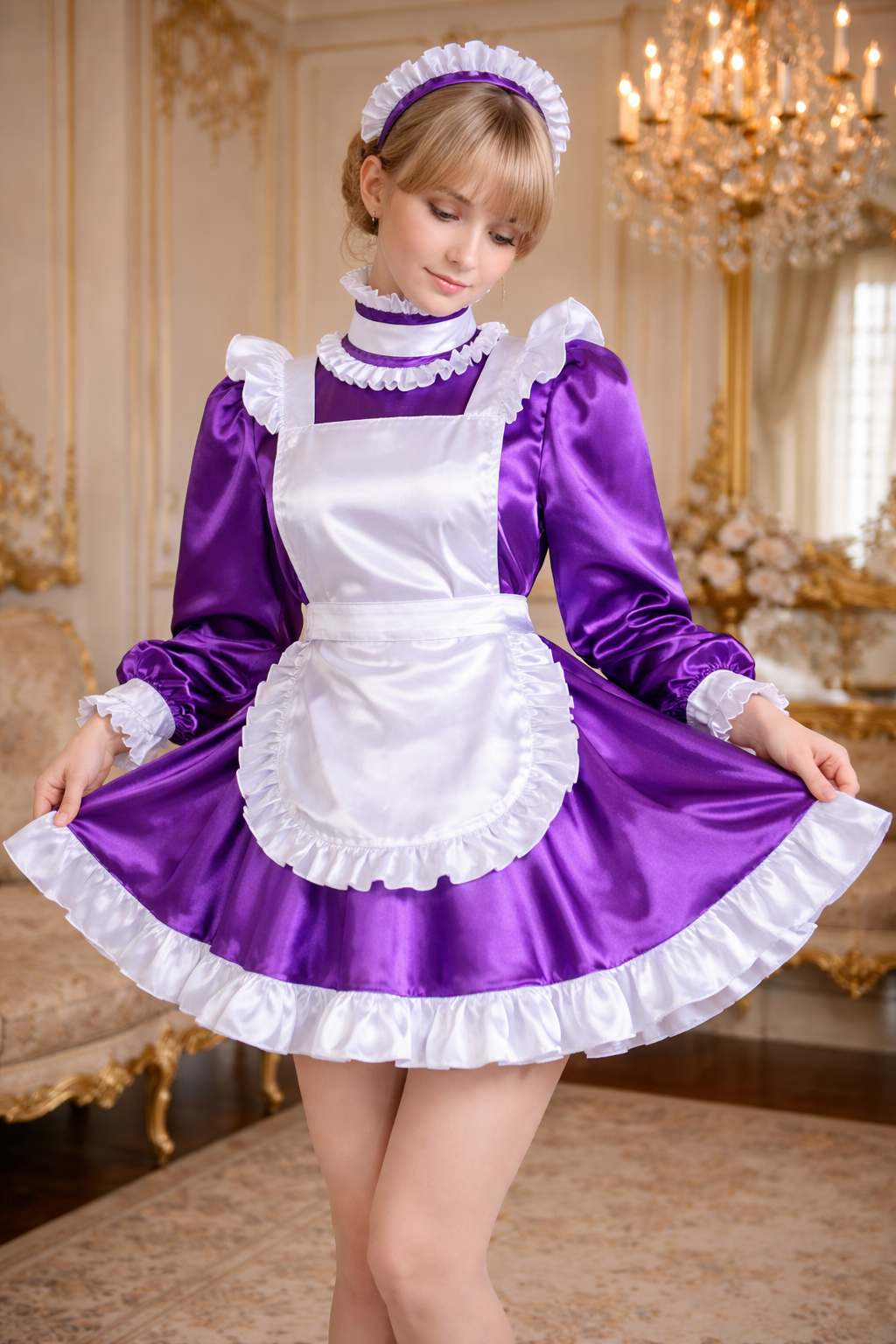 Purple Satin Sissy Maid Dress Set with Apron & Headband Lockable Custom Made G3765