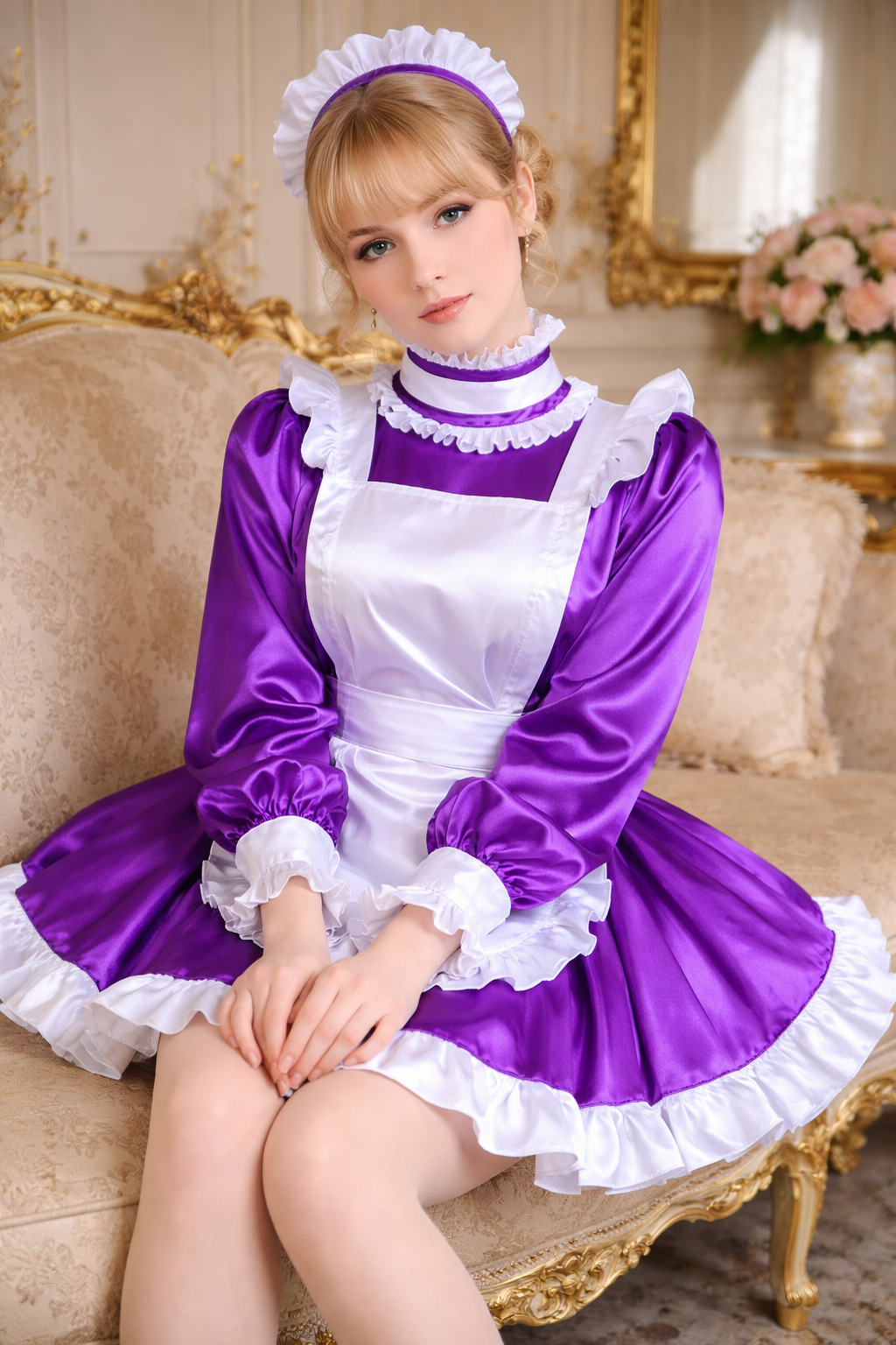 Purple Satin Sissy Maid Dress Set with Apron & Headband Lockable Custom Made G3765
