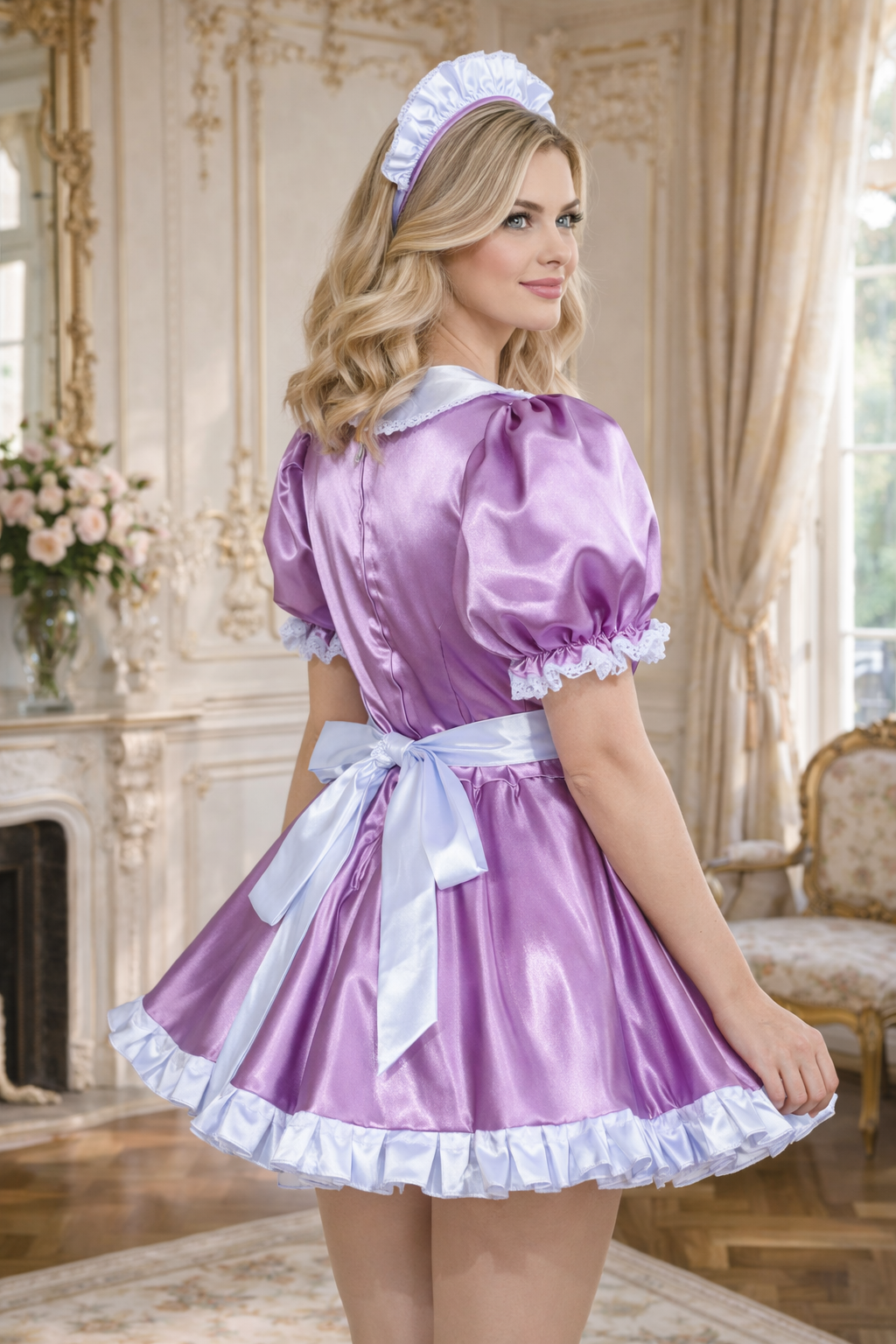 Purple Satin Sissy Maid Dress Set with Apron & Headband Lockable Custom Made G3766