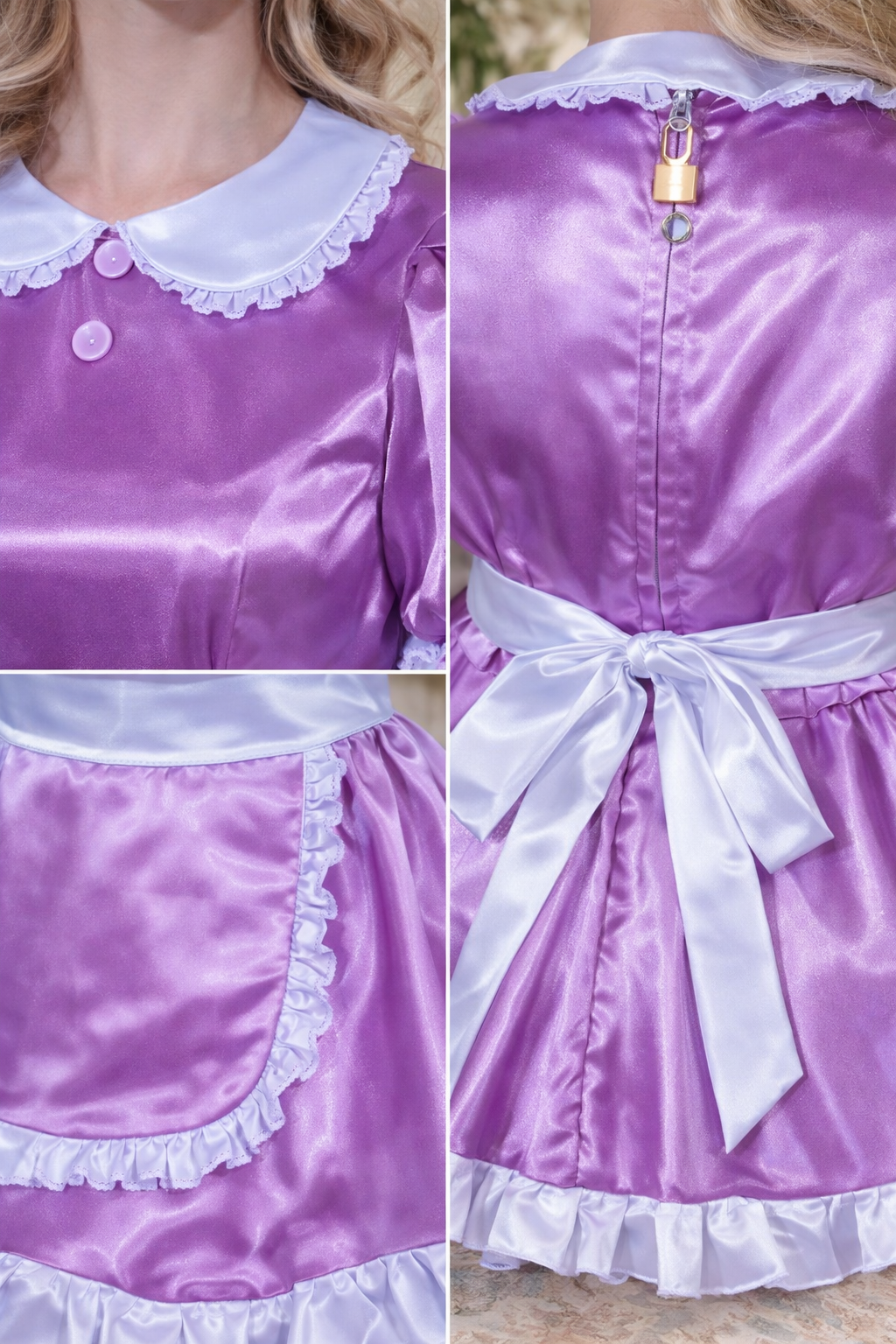 Purple Satin Sissy Maid Dress Set with Apron & Headband Lockable Custom Made G3766
