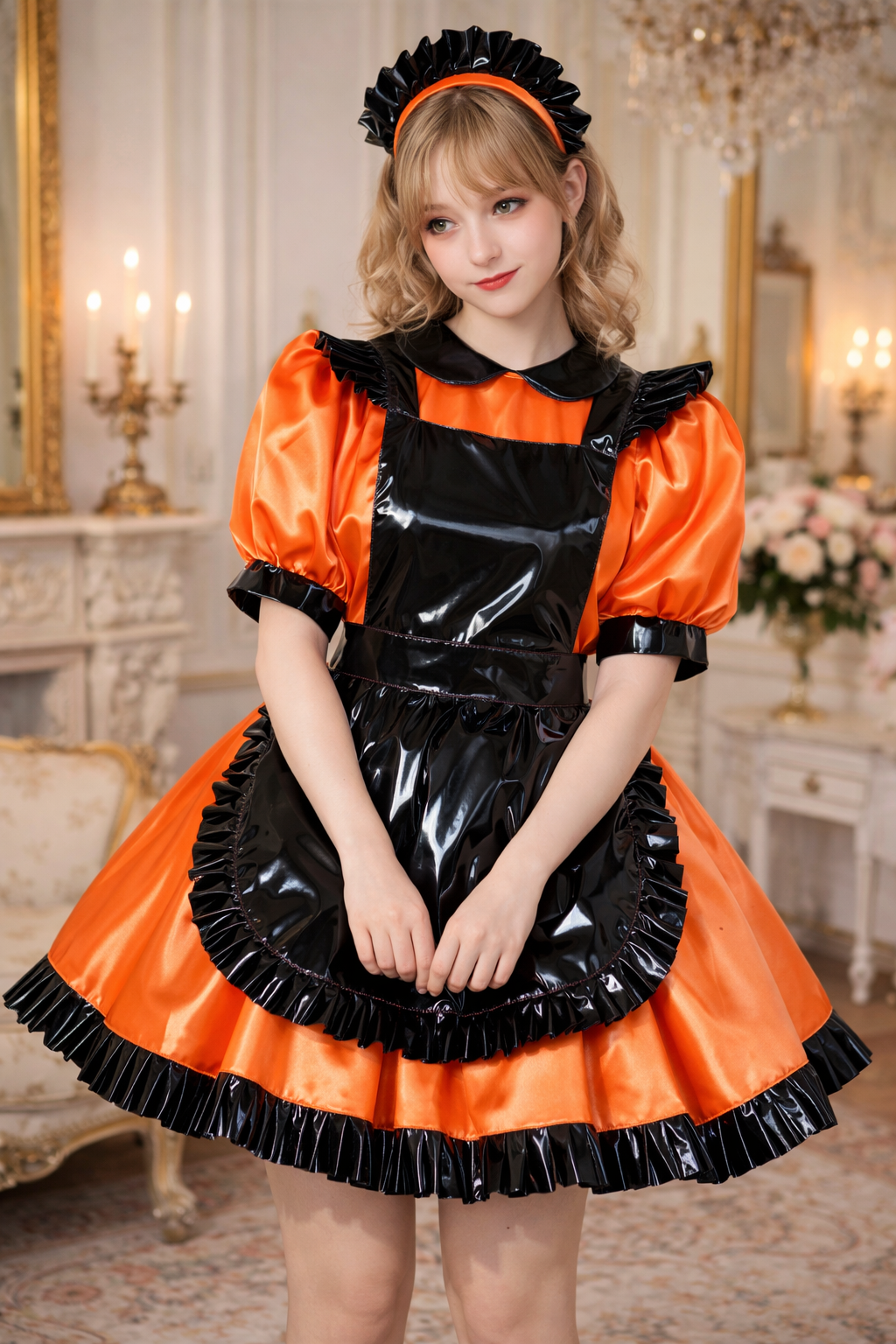 Orange Satin Sissy Maid Dress Set with Apron & Headband Lockable Custom Made G3769