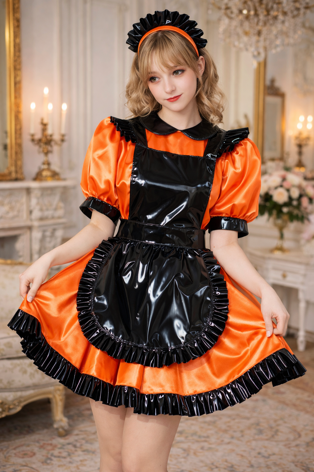 Orange Satin Sissy Maid Dress Set with Apron & Headband Lockable Custom Made G3769