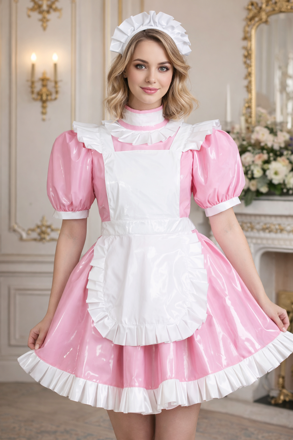 Baby Pink Thin PVC Sissy Maid Dress with Lockable Accessories, Customizable G3774