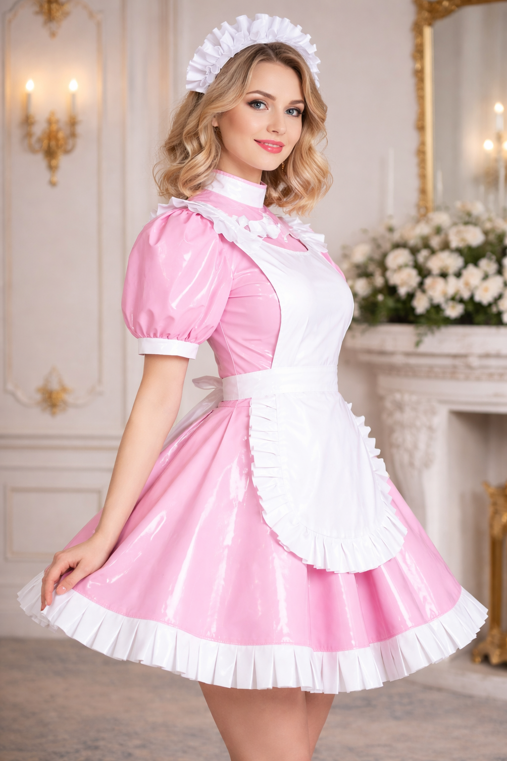 Baby Pink Thin PVC Sissy Maid Dress with Lockable Accessories, Customizable G3774