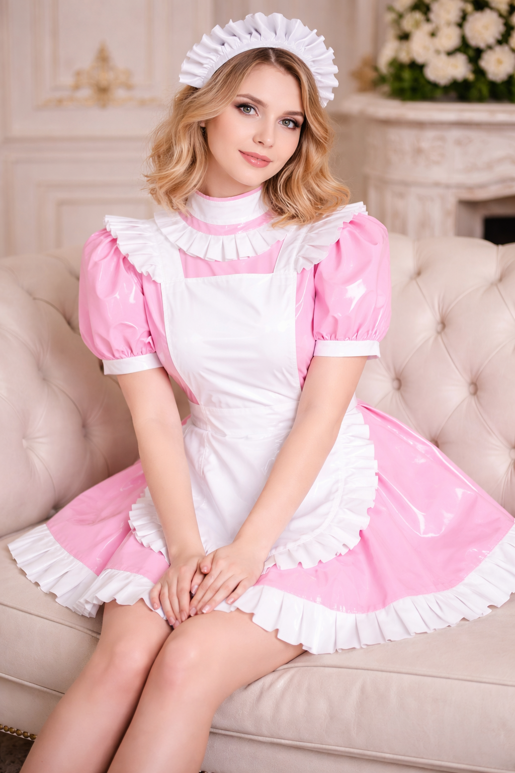 Baby Pink Thin PVC Sissy Maid Dress with Lockable Accessories, Customizable G3774