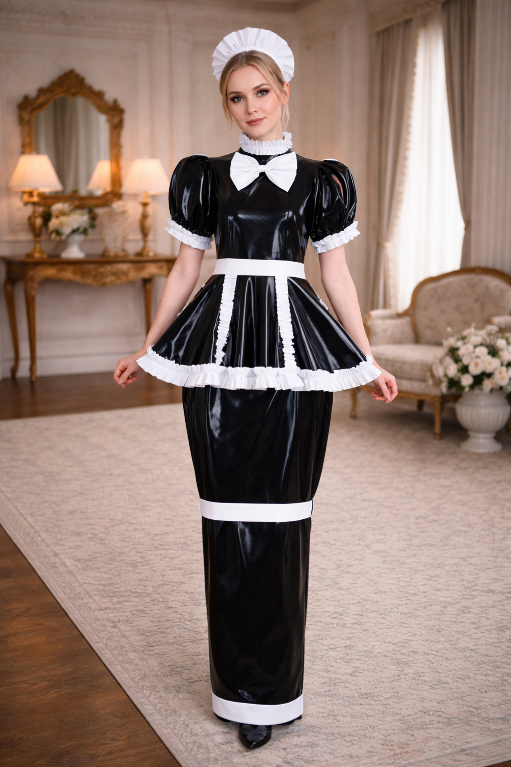 Black Thin PVC Sissy Maid Dress with Headband Lockable – Custom Made G3777