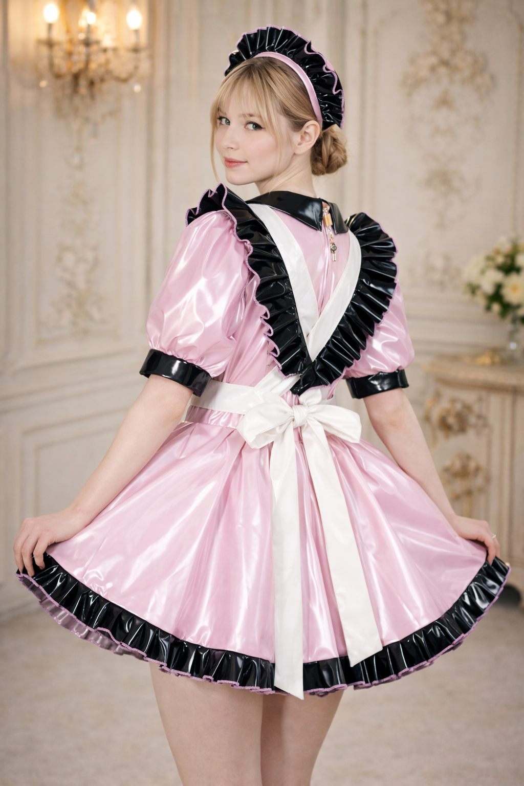 Baby Pink Thin PVC Sissy Maid Dress with Apron Lockable – Custom Made G3778