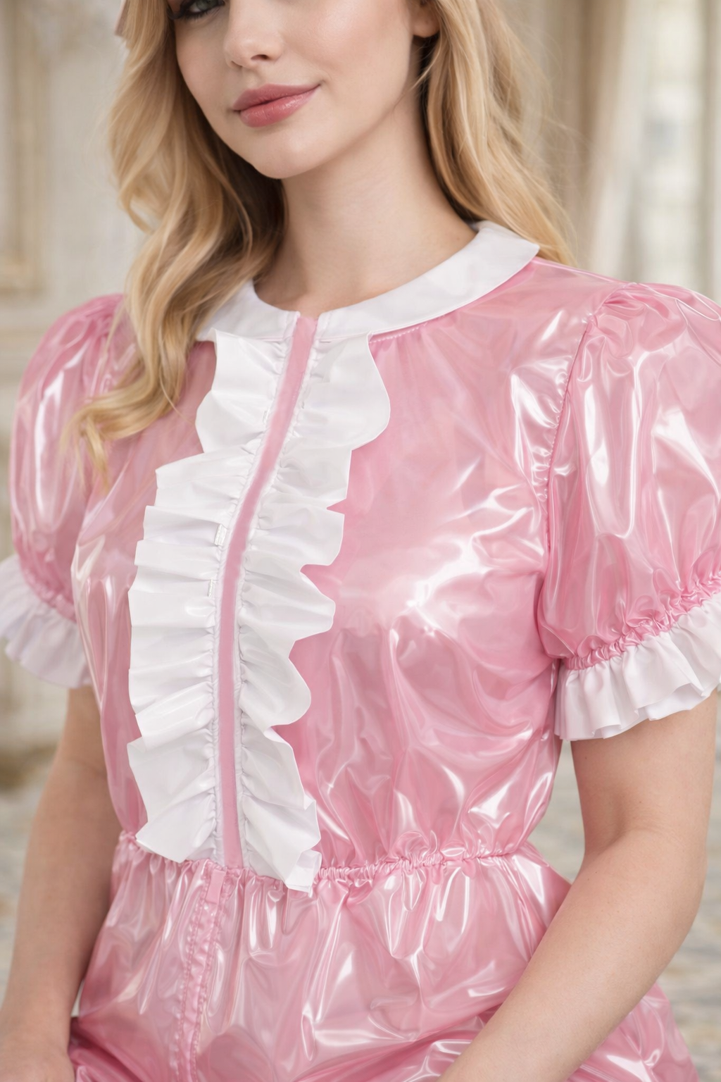 Baby Pink Clear PVC Sissy Maid Romper Set Lockable with Headband – Custom Made G3781