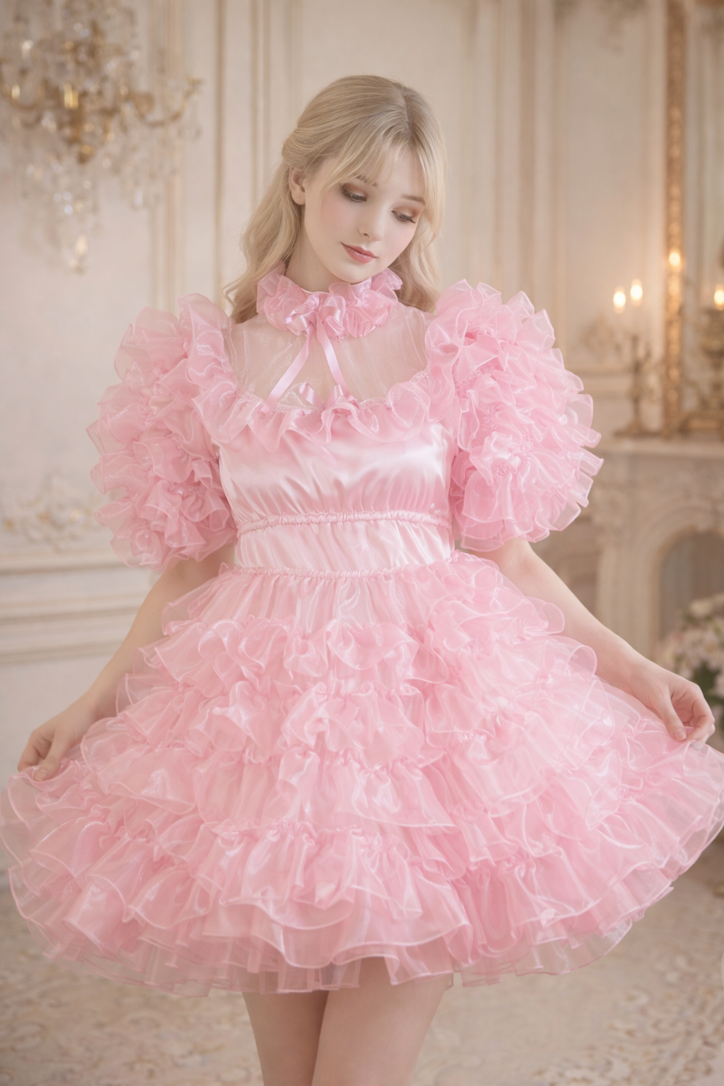 Robe de soubrette « Sissy » verrouillable en satin et organza rose pâle – Sur mesure G3784