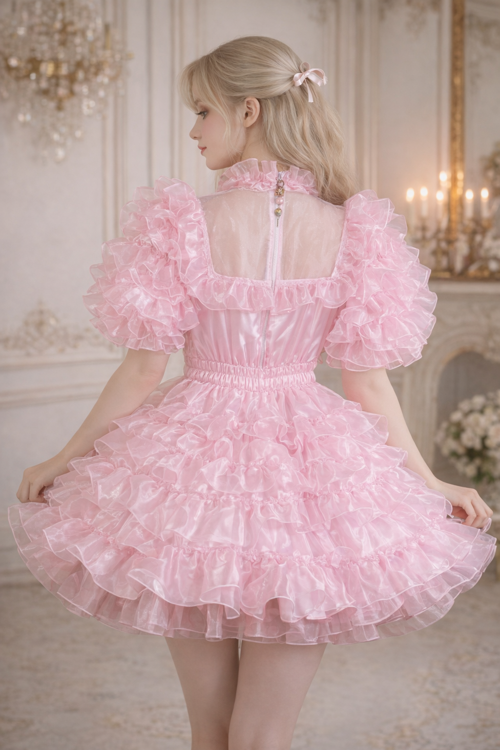 Robe de soubrette « Sissy » verrouillable en satin et organza rose pâle – Sur mesure G3784