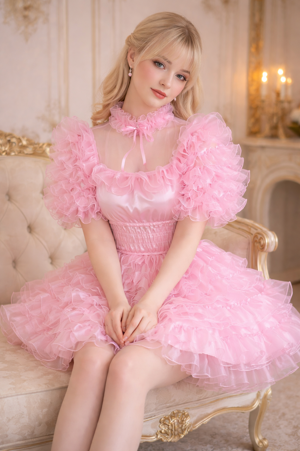 Robe de soubrette « Sissy » verrouillable en satin et organza rose pâle – Sur mesure G3784
