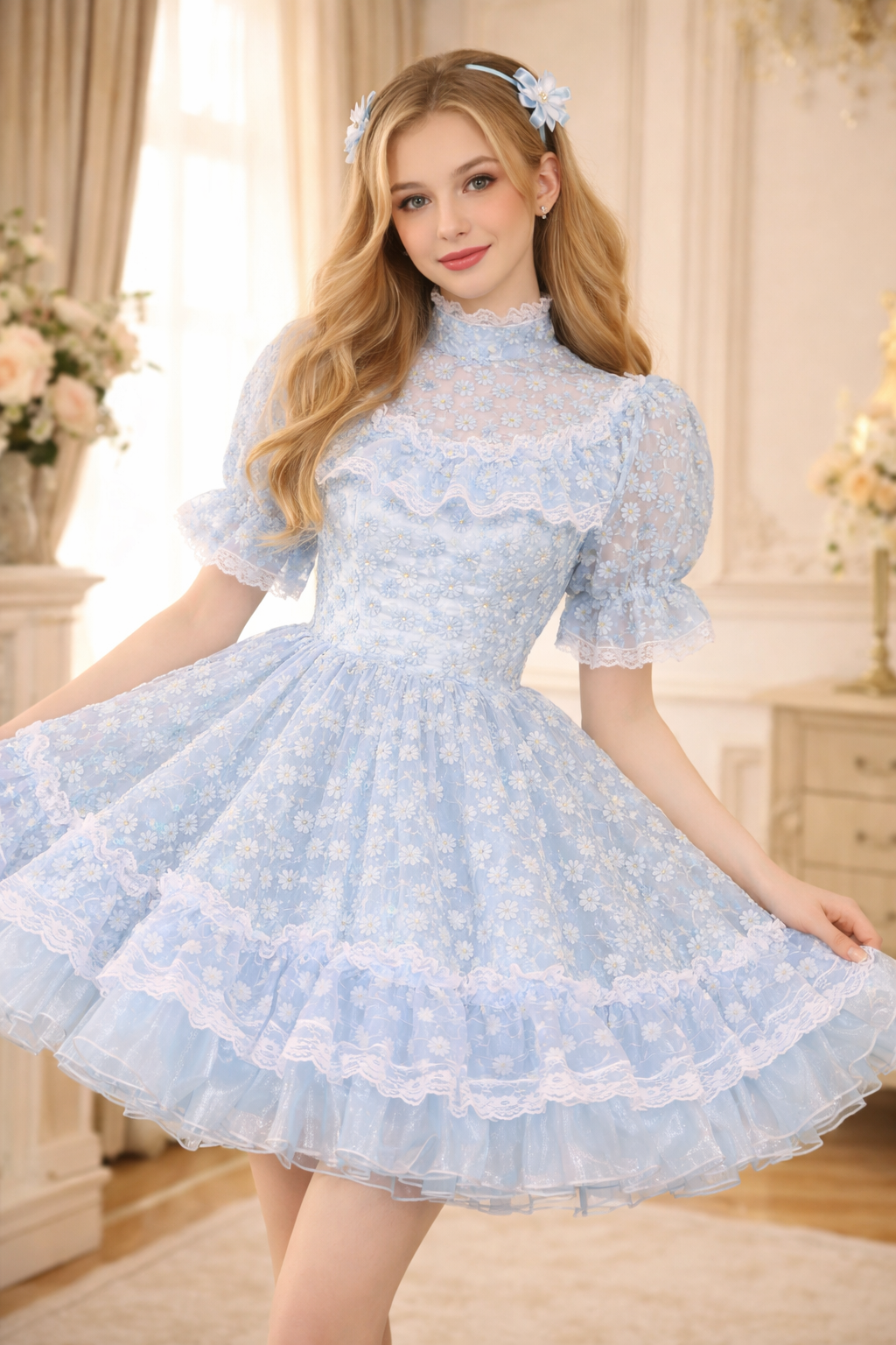 Baby Blue Organza Sissy Maid Dress Lockable – Custom Made G3786