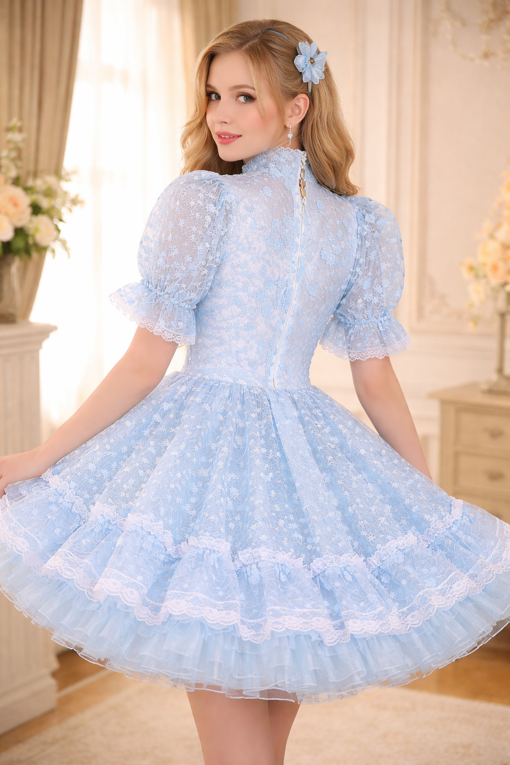 Baby Blue Organza Sissy Maid Dress Lockable – Custom Made G3786
