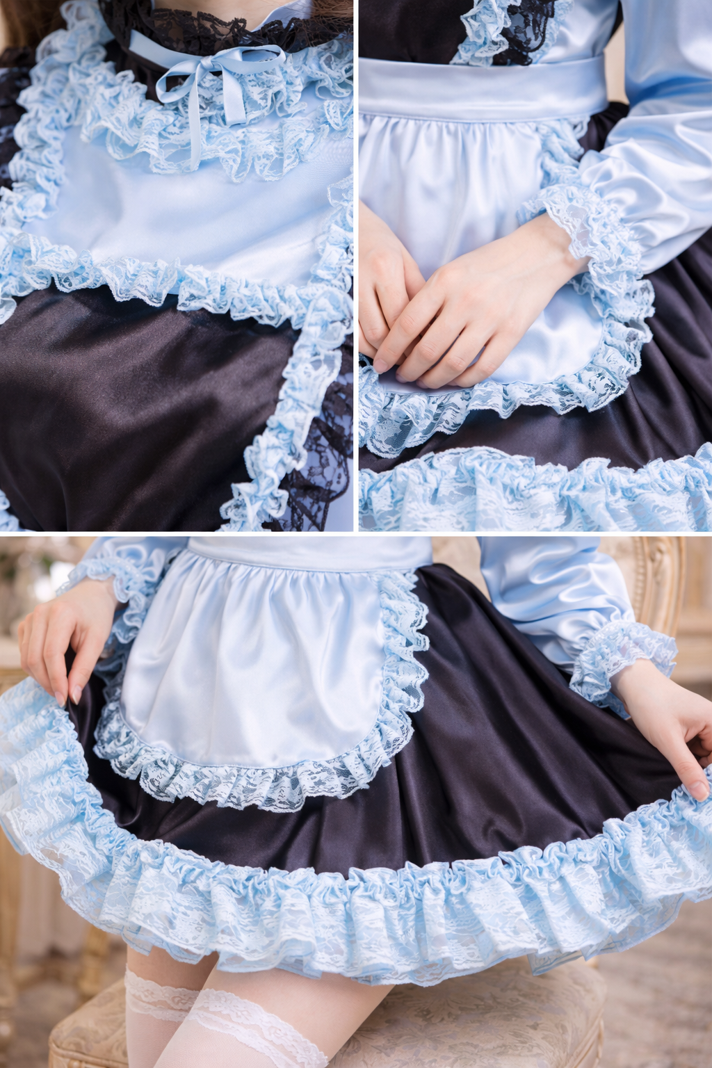 Baby Blue Satin Sissy Maid Dress Set Lockable with Apron & Headband – Custom Made G3789